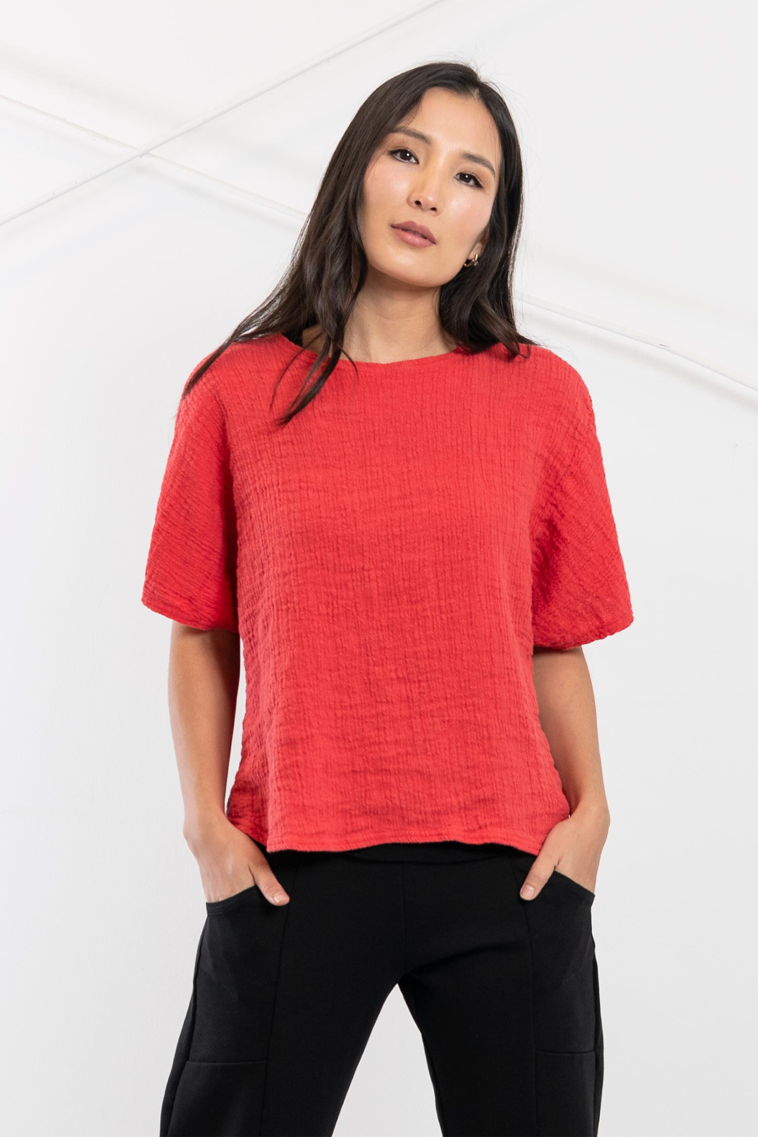 Crinkle Crew-Neck Cap Sleeve T-Shirt